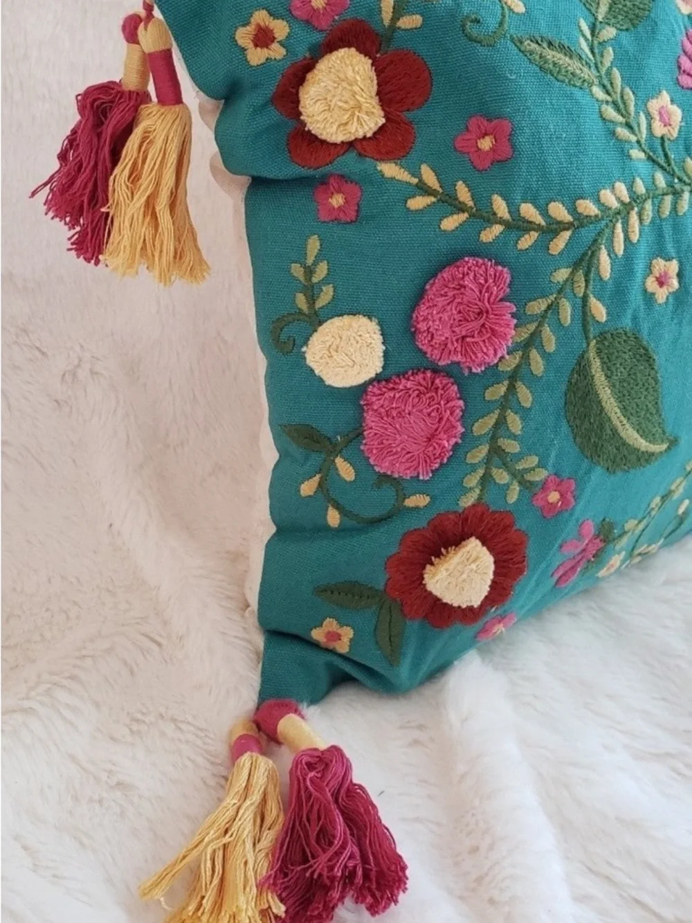 Pier 1 Embroidered Accent Pillow with Pom Pom Florals and Tassels NWT